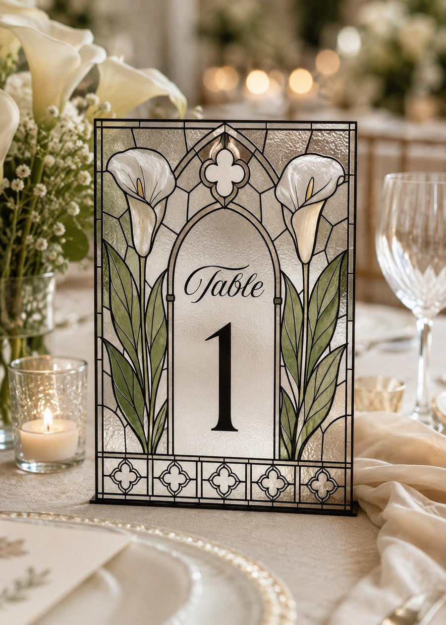 Faux Stained Glass Table Number Template, Calla Lily Wedding DIY Acrylic Tracing Sign 035STGL-TANR - marryful.org
