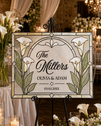 Last Name Wedding Sign, Faux Stained Glass Wedding Welcome Template, Calla Lily Keepsake 035STGL-WLCM - marryful.org
