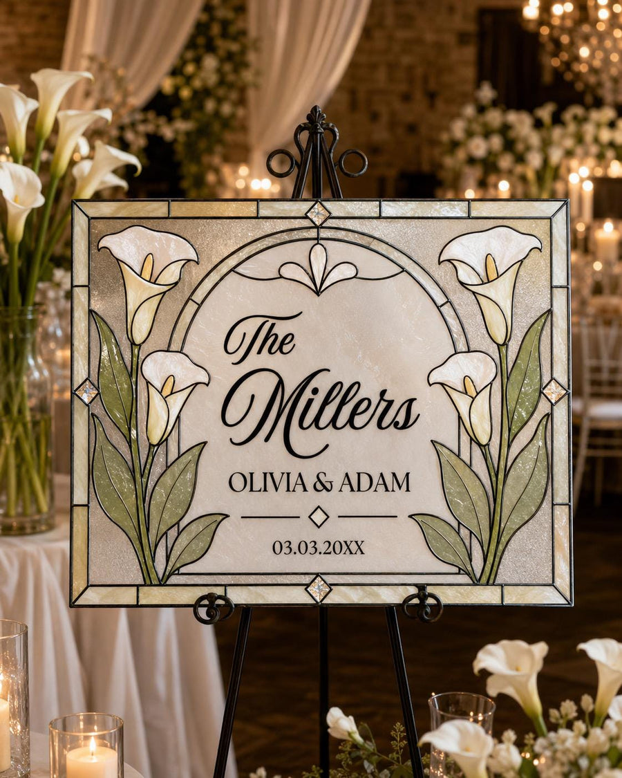 Last Name Wedding Sign, Faux Stained Glass Wedding Welcome Template, Calla Lily Keepsake 035STGL-WLCM - marryful.org