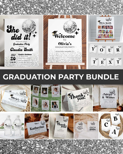 Disco Graduation Party Bundle, She Did It Retro Decor Suite, Groovy Editable Digital Template 065D-GRADBUNDLE - marryful.org