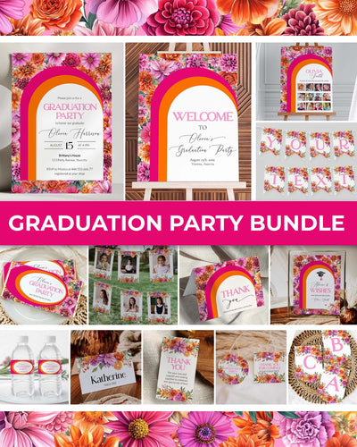Pink Orange Graduation Party Bundle, Freshly Graduated Floral Invite Decor Suite, Editable Digital Template 011PO-GRADBUNDLE - marryful.org