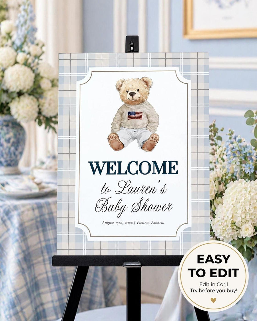 Teddy Bear Baby Shower Welcome Sign, Light Blue Classic Plaid Luxury Template 068BL-WLCM - marryful.org