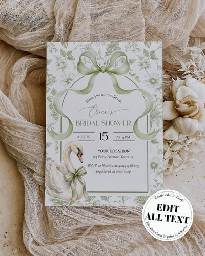 Swan Lake Bridal Shower Invitation Template, Green Toile Bow Invite, Garden Party Card 079SB-BRSINV - marryful.org