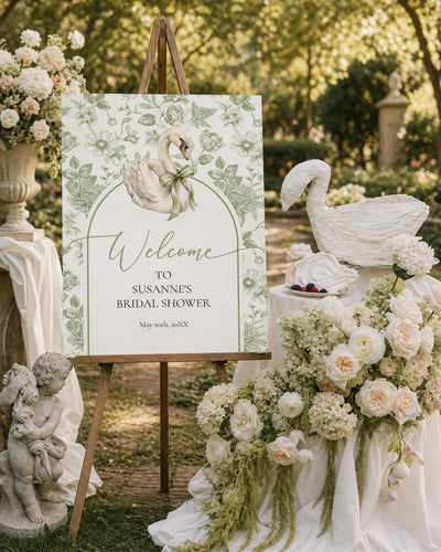 Swan Bridal Shower Welcome Sign Template, Green Toile de Jouy Party Entrance Decor 079SB-WLCM - marryful.org