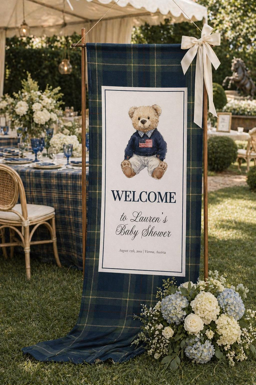 Preppy Teddy Bear Fabric Banner, Vintage Plaid Baby Shower Wall Tapestry Template 068RL-TASI - marryful.org