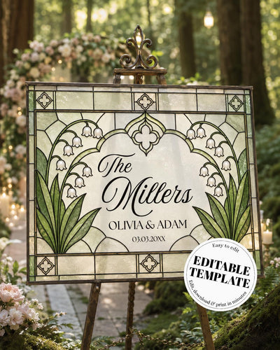 Last Name Wedding Sign, Lily of Valley Stained Glass Floral Keepsake Canva Template 035STGL-WLCM