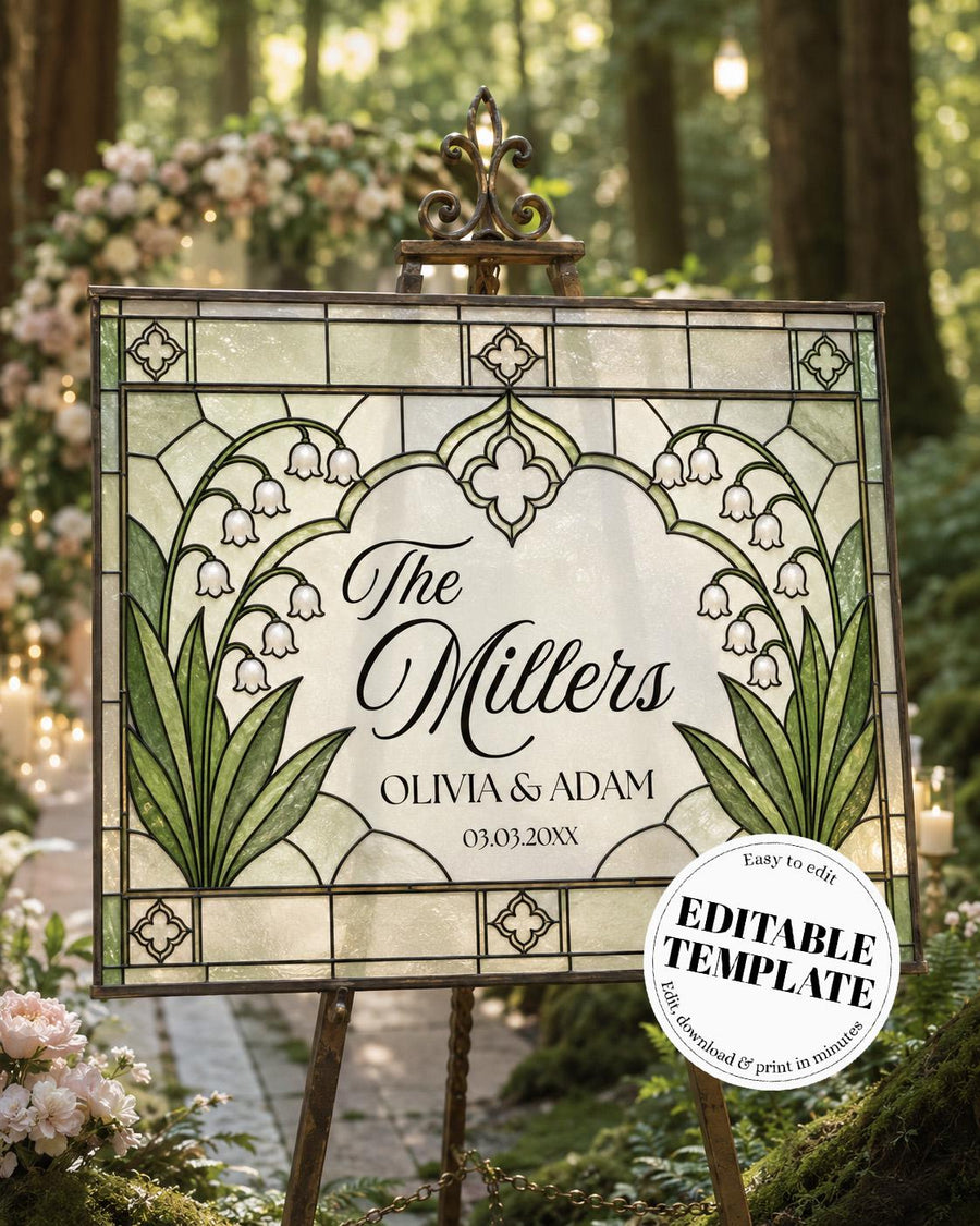 Last Name Wedding Sign, Lily of Valley Stained Glass Floral Keepsake Canva Template 035STGL-WLCM - marryful.org