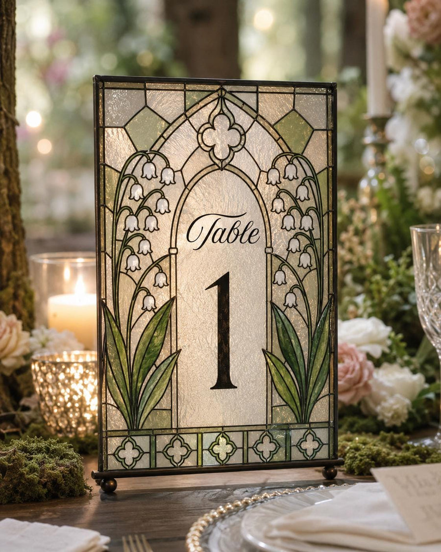 Lily of the Valley Faux Stained Glass Table Number, Wedding Tracing Canva Template 035STGL-TANR - marryful.org
