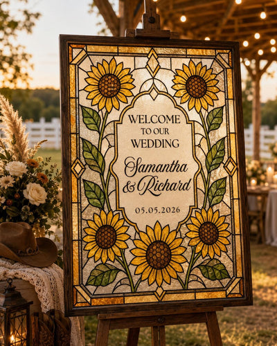 Yellow Sunflower Faux Stained Glass Welcome Sign, Floral Wedding Acrylic Tracing Canva Template 035STGL-WLCM - marryful.org