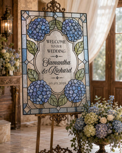 Blue Hydrangea Faux Stained Glass Welcome Sign, Floral Wedding Acrylic Tracing Canva Template 035STGL-WLCM - marryful.org