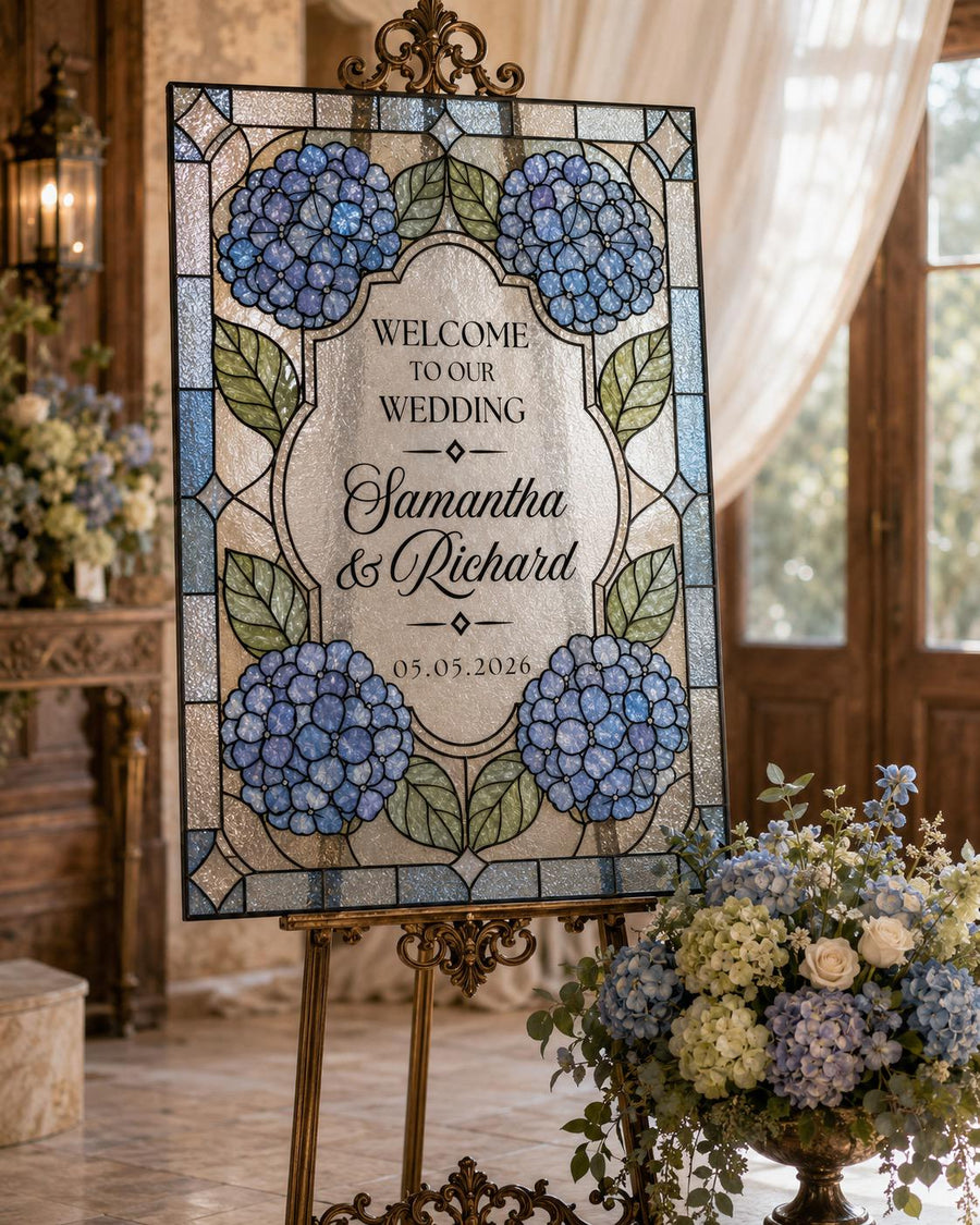Blue Hydrangea Faux Stained Glass Welcome Sign, Floral Wedding Acrylic Tracing Canva Template 035STGL-WLCM - marryful.org