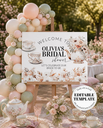 Bridal Shower Welcome Sign Template, Tea Party Floral Sign for Bride to Be 029WT-WLCM - marryful.org