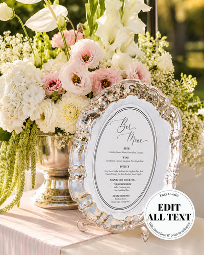 Oval Bar Menu Template, Vintage Lace Trim Wedding Sign, Classic Editable Signature Drinks Printable 040WH-BAME - marryful.org