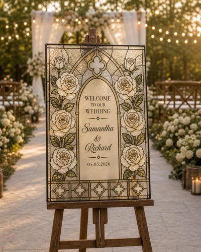 Garden Rose Stained Glass Welcome Sign Template, Floral Wedding DIY Acrylic Printable Design 035STGL-WLCM