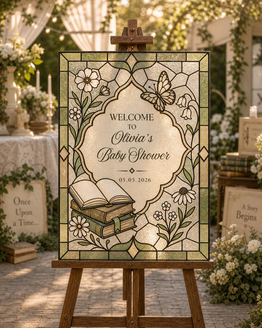 Faux Stained Glass Baby Shower Welcome Sign, Storybook Book Theme DIY Acrylic Template 035STGL-WLCM - marryful.org