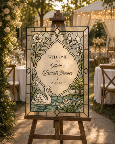 Faux Stained Glass Bridal Shower Welcome Sign, Swan Wedding Shower DIY Acrylic Template 035STGL-WLCM