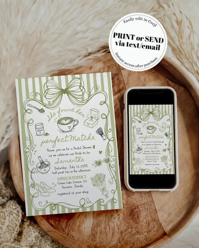 Matcha Bridal Shower Invitation Template, She Found Her Perfect Matcha Tea Party Invite 089MA-BRSINV - marryful.org