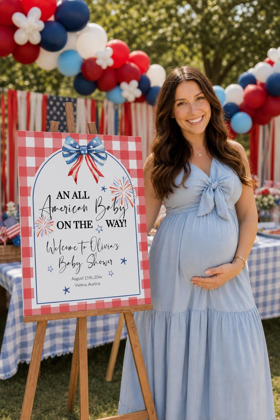Patriotic Baby Shower Welcome Sign, All American Red Gingham Bow Display, Editable Template 020IND-WLCM - marryful.org