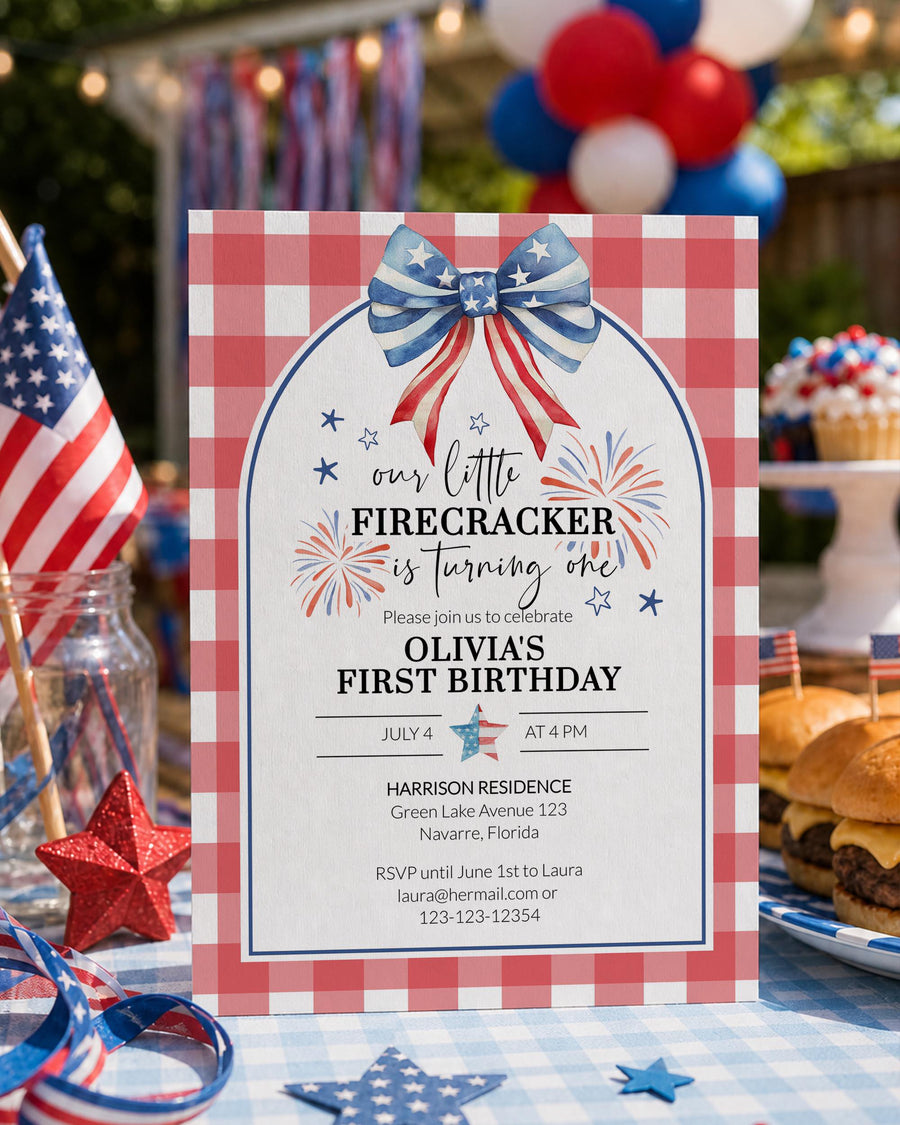 4th of July First Birthday Invitation Firecracker Turning One Patriotic Party Editable Template 020IND-BINV2 - marryful.org