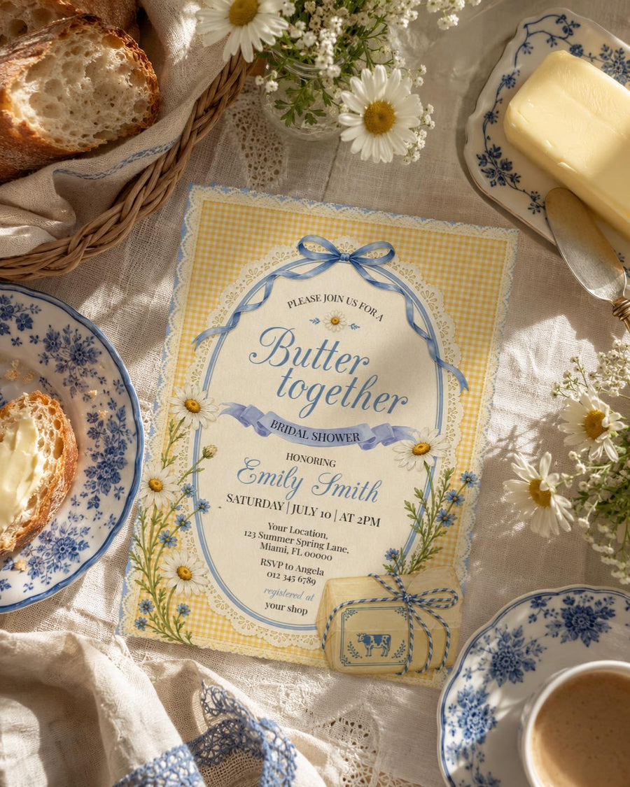 Butter Together Bridal Shower Invitation, Yellow Cottagecore Daisy Bow Template 035BU-BRSINV - marryful.org