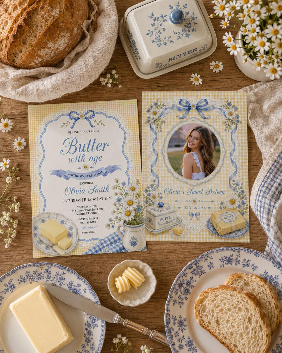 Butter With Age Birthday Invitation, Cottagecore Daisy Gingham Blue Bow Template 035BU-BINV - marryful.org