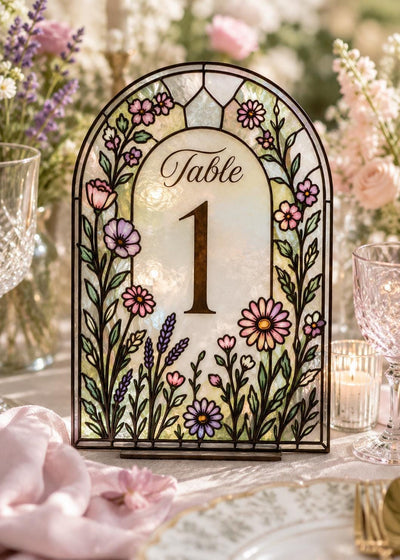 Faux Stained Glass Table Number Template, Wildflower Wedding DIY Acrylic Tracing Canva Design 035STGL-TANR