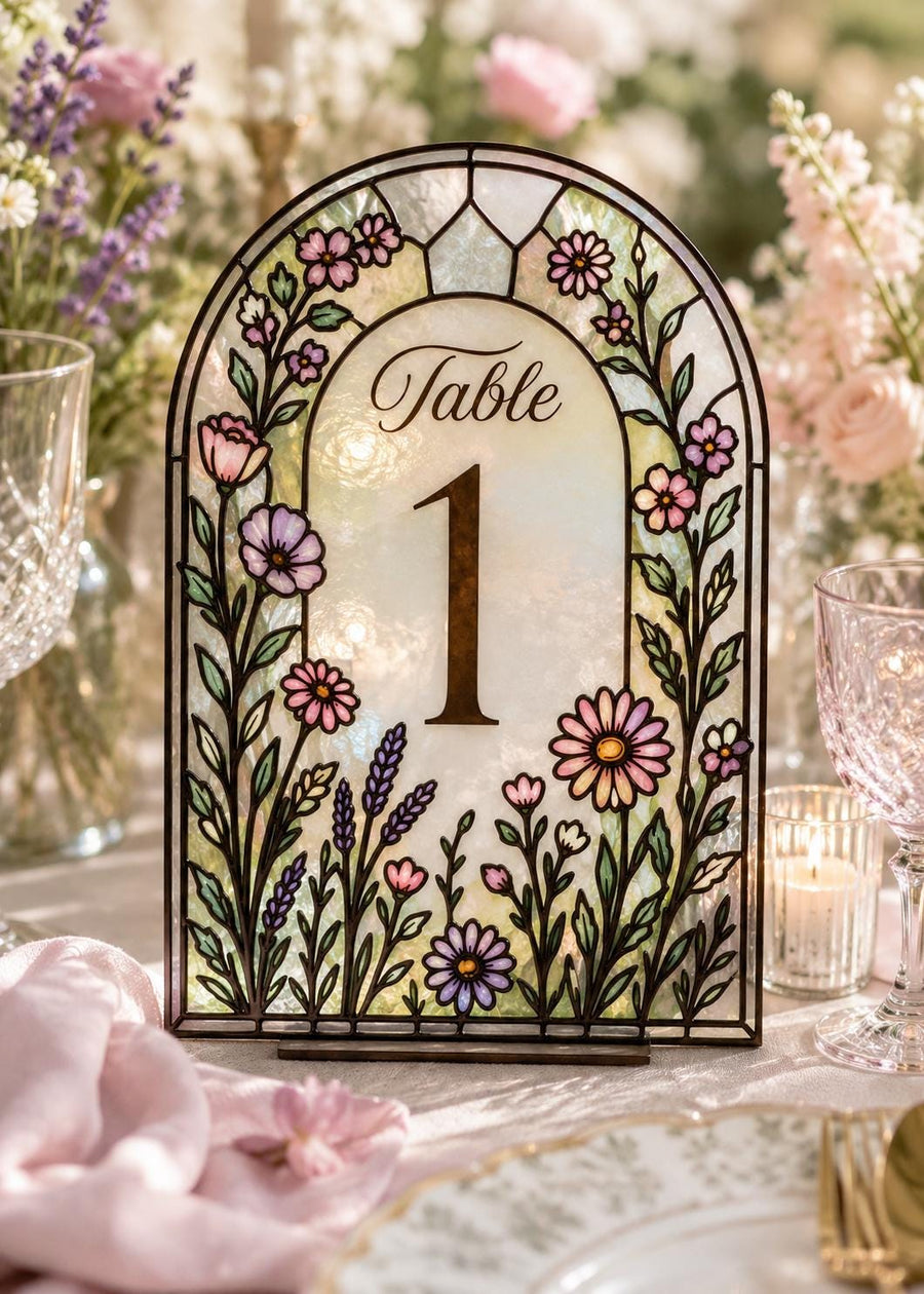 Faux Stained Glass Table Number Template, Wildflower Wedding DIY Acrylic Tracing Canva Design 035STGL-TANR - marryful.org