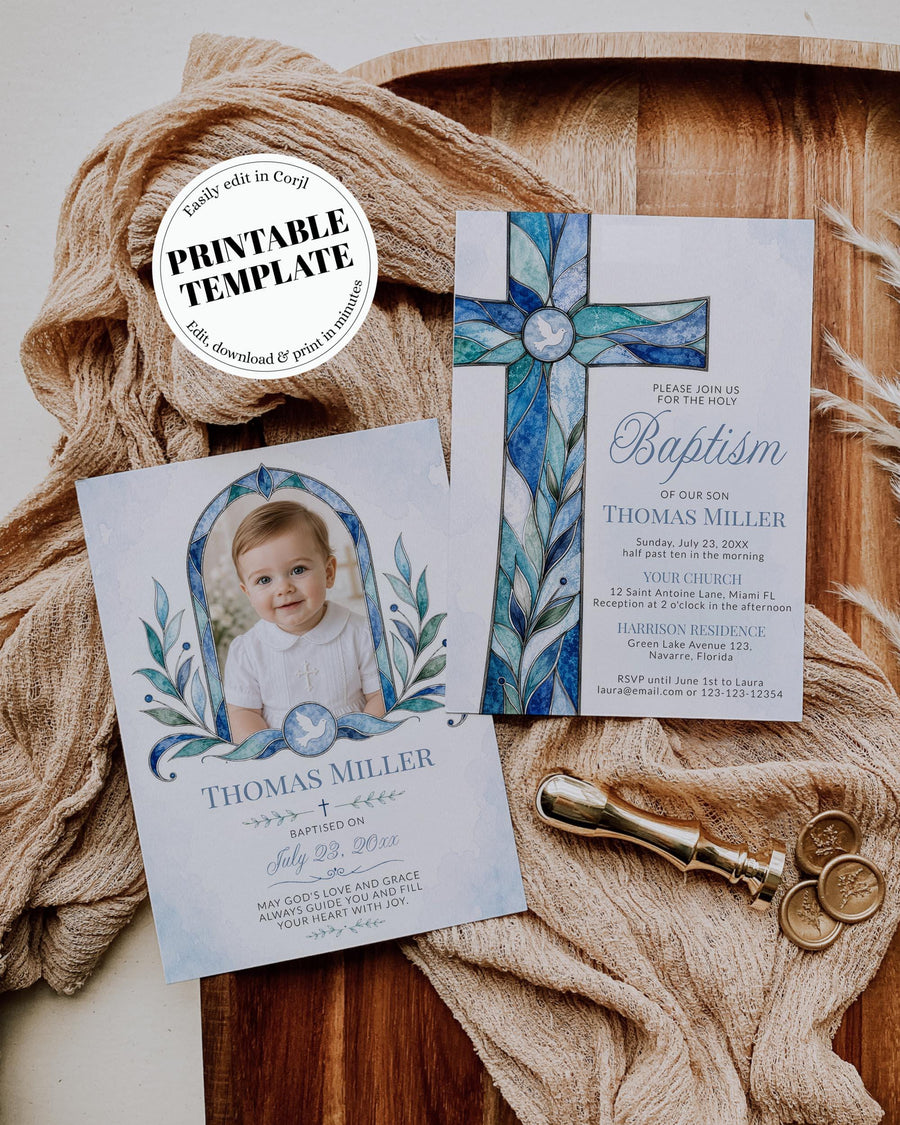 Blue Stained Glass Baptism Invitation Template, Cross Christening Invite for Boy Son 035STGL-BAPINV - marryful.org