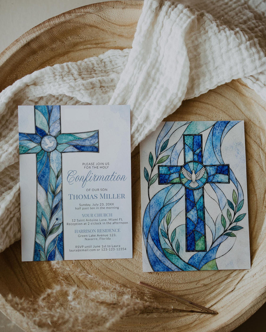 Blue Stained Glass Confirmation Invitation Template, Cross Catholic Invite for Boy Son 035STGL-CON - marryful.org