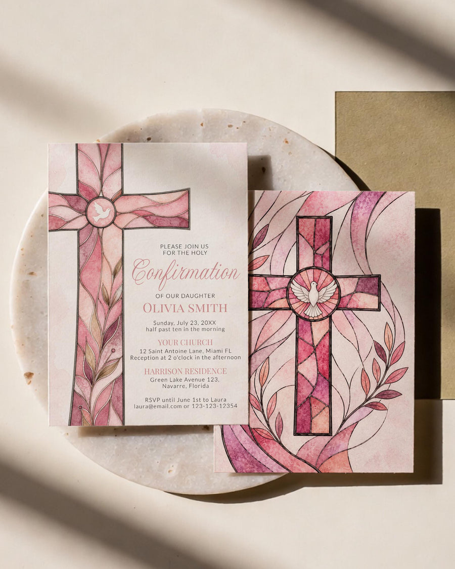 Pink Stained Glass Confirmation Invitation Template, Cross Catholic Invite for Girl Daughter 035STGL-CON - marryful.org