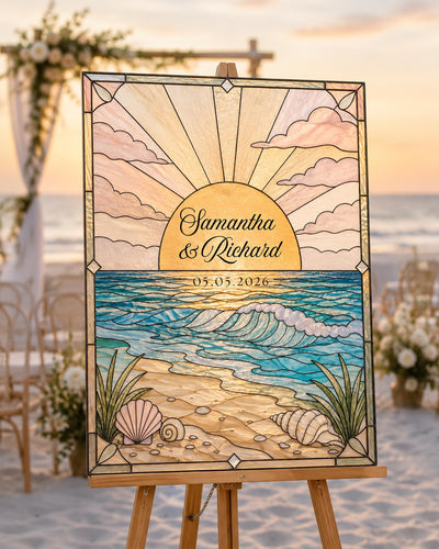 Beach Faux Stained Glass Welcome Sign Template, Coastal Wedding DIY Acrylic Tracing Canva 035STGL-WLCM