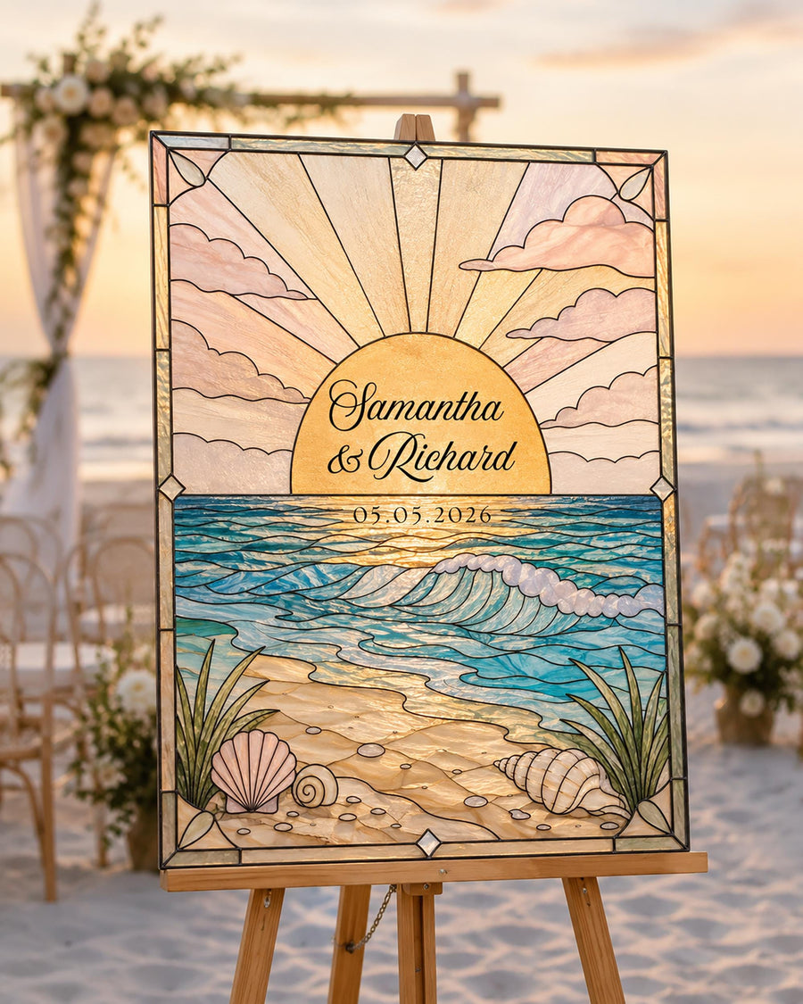 Beach Faux Stained Glass Welcome Sign Template, Coastal Wedding DIY Acrylic Tracing Canva 035STGL-WLCM - marryful.org
