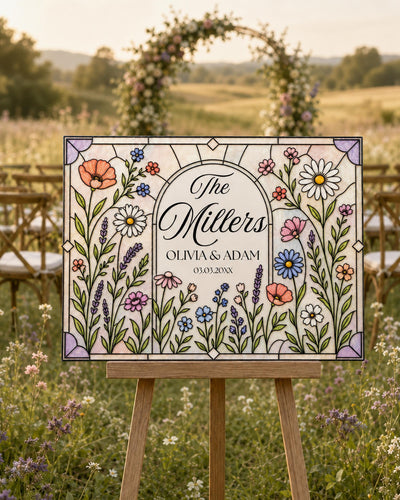 Last Name Wedding Sign, Wildflower Faux Stained Glass Keepsake DIY Acrylic Canva Template 035STGL-WLCM
