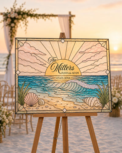 Last Name Wedding Sign, Beach Faux Stained Glass Keepsake DIY Acrylic Canva Template 035STGL-WLCM