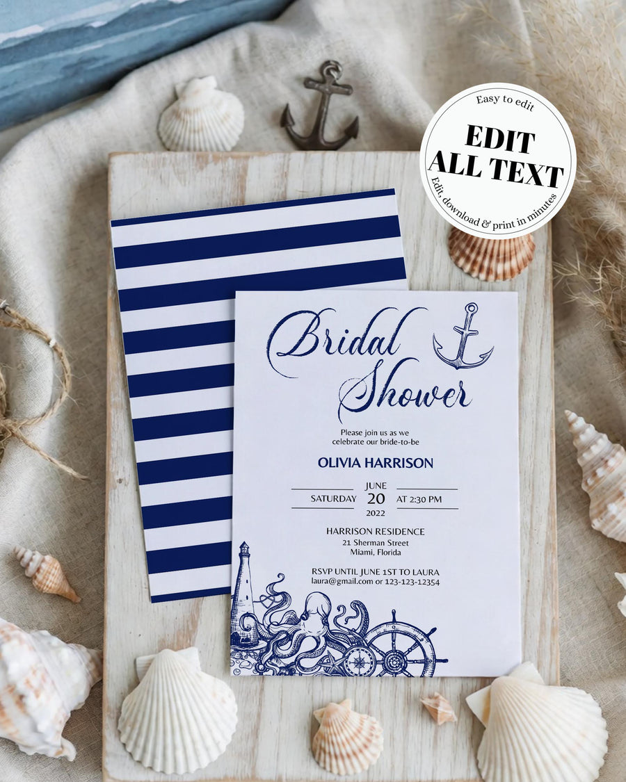 Nautical Bridal Shower Invitation Template, Beach Destination Coastal Shower Invite 071NA-BRSINV - marryful.org