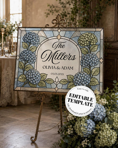 Last Name Wedding Sign, Blue Hydrangea Faux Stained Glass Floral Keepsake Canva Template 035STGL-WLCM