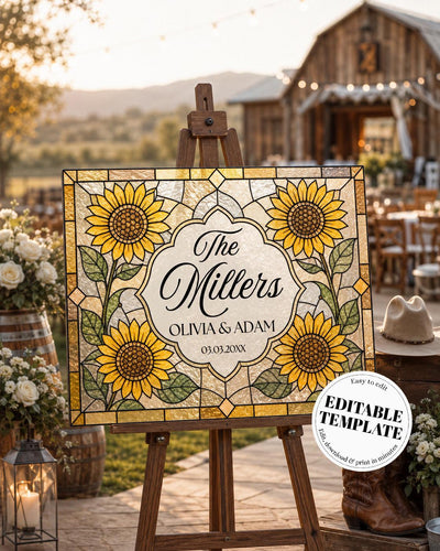 Last Name Wedding Sign, Sunflower Faux Stained Glass Yellow Floral Keepsake Canva Template 035STGL-WLCM - marryful.org