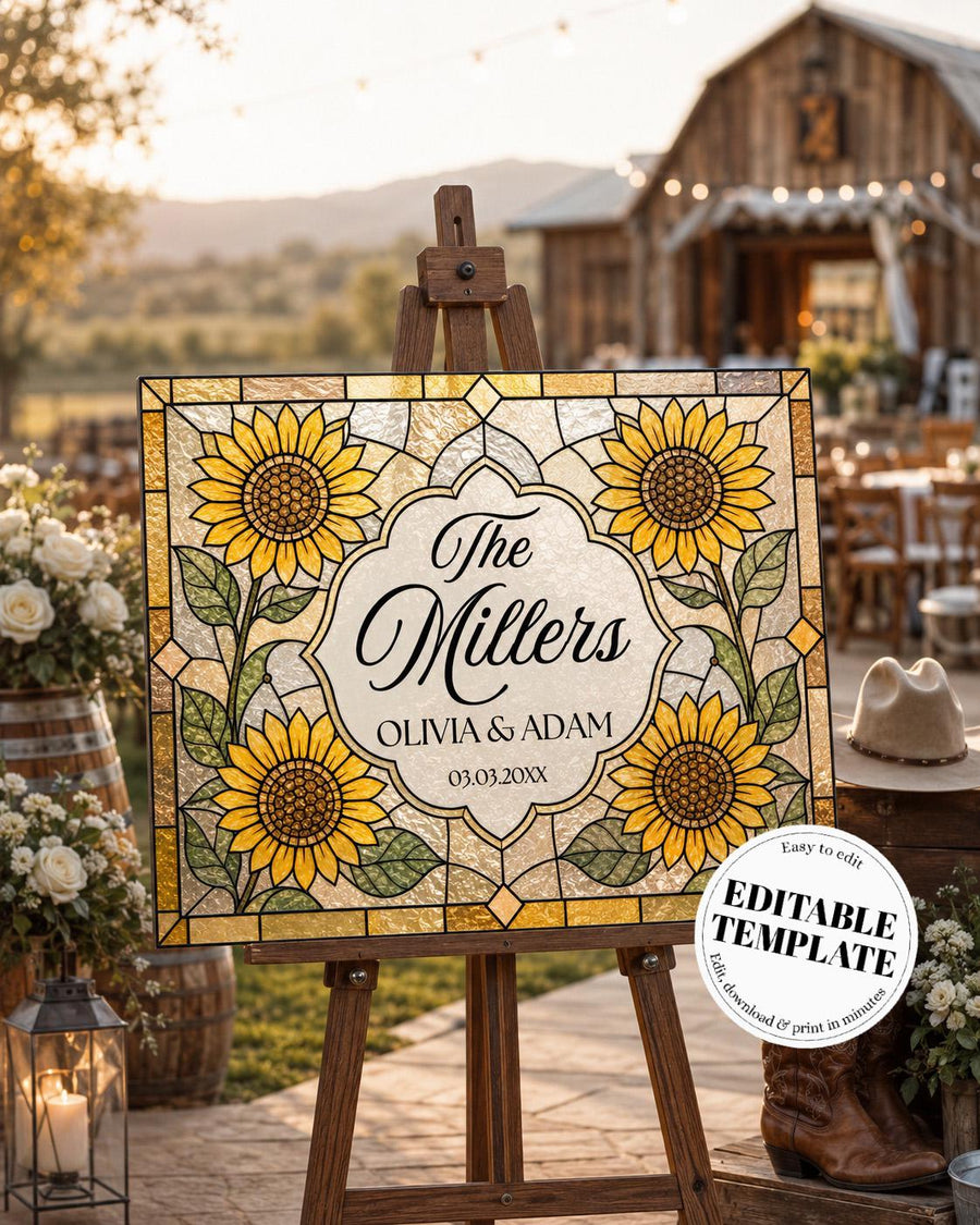 Last Name Wedding Sign, Sunflower Faux Stained Glass Yellow Floral Keepsake Canva Template 035STGL-WLCM - marryful.org