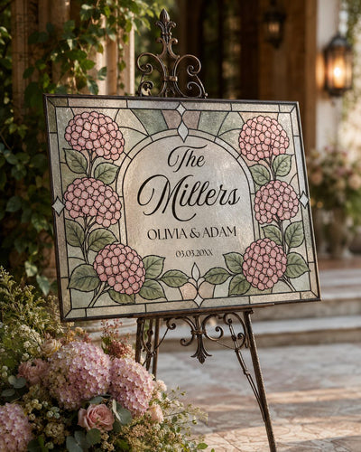 Last Name Wedding Sign, Pink Hydrangea Faux Stained Glass Floral Keepsake Canva Template 035STGL-WLCM - marryful.org