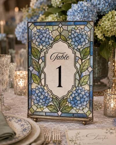 Blue Hydrangea Faux Stained Glass Table Number, Floral Wedding Acrylic Tracing Canva Template 035STGL-TANR - marryful.org