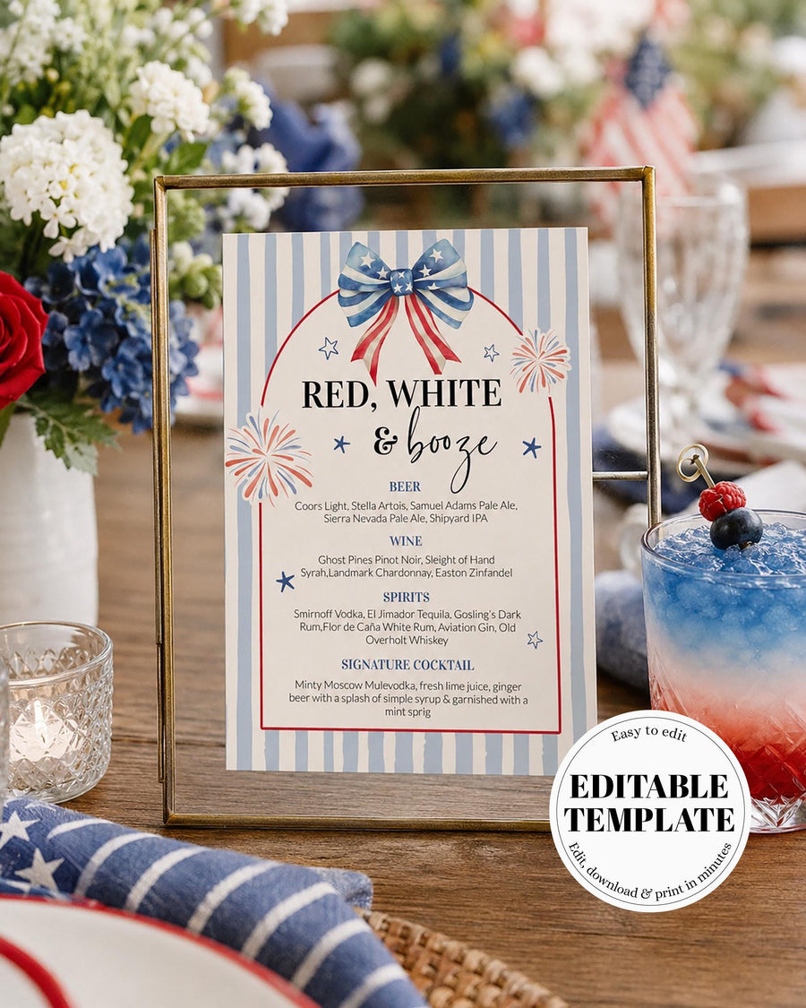 Fourth of July Baby Shower Bar Menu Sign, Blue Stripe Drink List Template 020BL-BAME - marryful.org