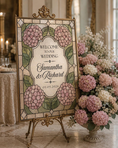 Pink Hydrangea Faux Stained Glass Welcome Sign, Floral Wedding Acrylic Tracing Canva Template 035STGL-WLCM - marryful.org