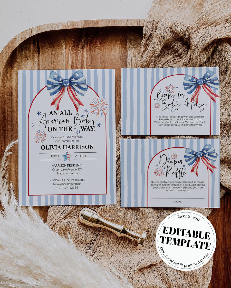 Red White and Due Baby Shower Invitation, Blue Stripe Fireworks Editable Template 020BL-BSINV - marryful.org