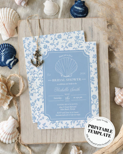 Coastal Grandmother Bridal Shower Invitation, Blue Toile Seashell Chinoiserie Printable Editable Template 085CO-BRSINV2 - marryful.org