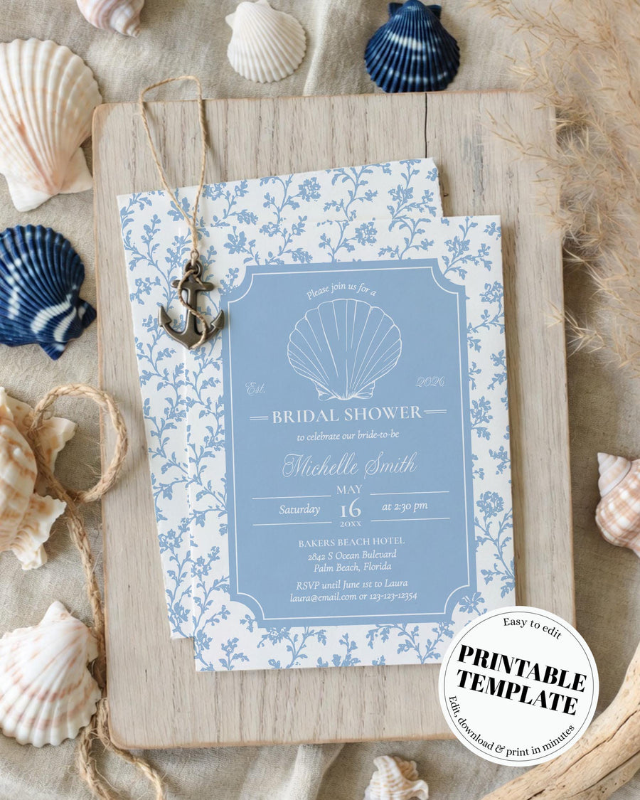 Blue toile coastal grandmother bridal shower invitation template with seashell illustration, elegant blue and white floral pattern and editable shower details.