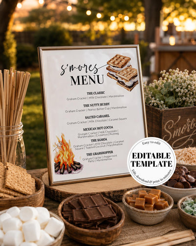 Smores Bar Menu Sign, Camping Birthday Bonfire Station Printable 014SM2-MENU - marryful.org