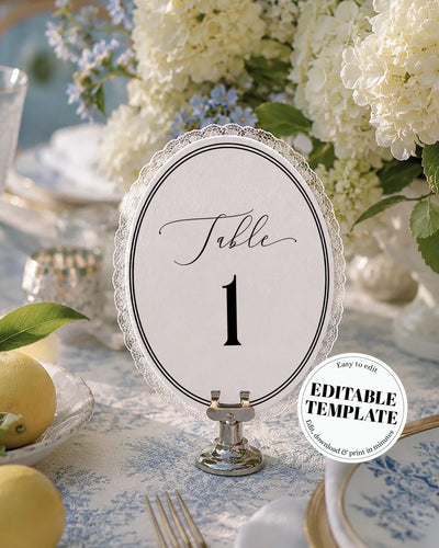 Oval Table Number Template, Vintage Lace Trim Wedding Card, Classic Editable Reception Decor Printable 040WH-TBNR - marryful.org