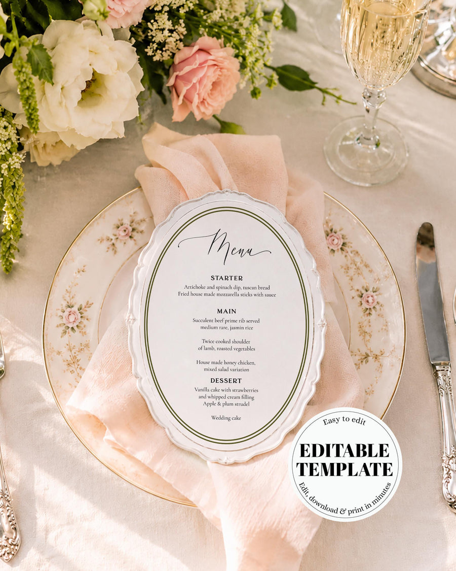 Oval Wedding Menu Template, Vintage Lace Trim Dinner Card, Classic Editable Reception Stationery Printable 040WH-MENU - marryful.org