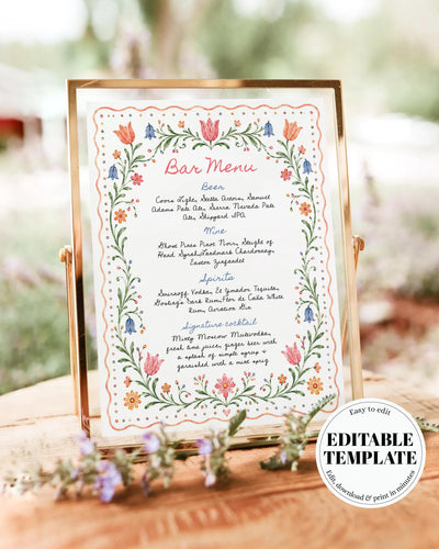 Colorful Floral Bar Menu Template, Hand Drawn Signature Drinks Sign, Whimsical Wedding Reception Decor 036FA-BAME - marryful.org
