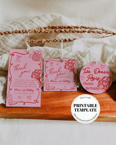 Two Dozen Roses Favor Tags, Pink Cowgirl Birthday Labels, Editable Sticker Template 070PI-TLST - marryful.org